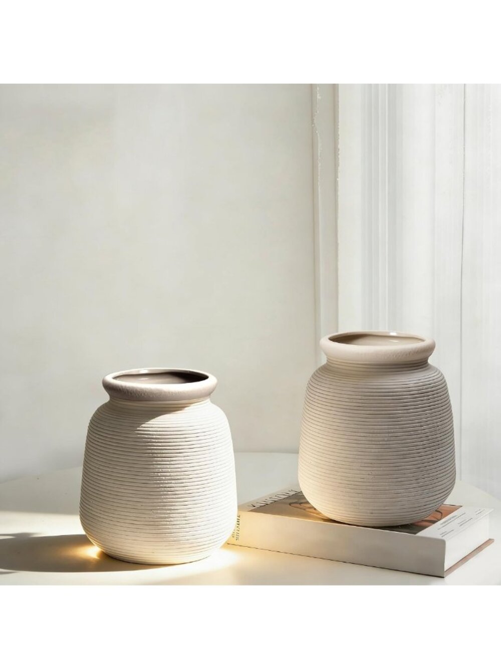 Rustic Matte Ceramic Vase Set of 2 | Ribbed Design for Farmhouse Decor